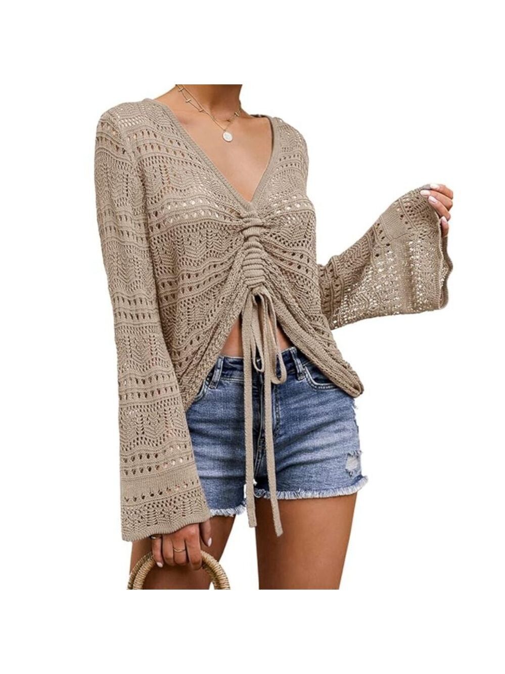 Women's Unbranded Beige Crochet V-Neck Sweater L